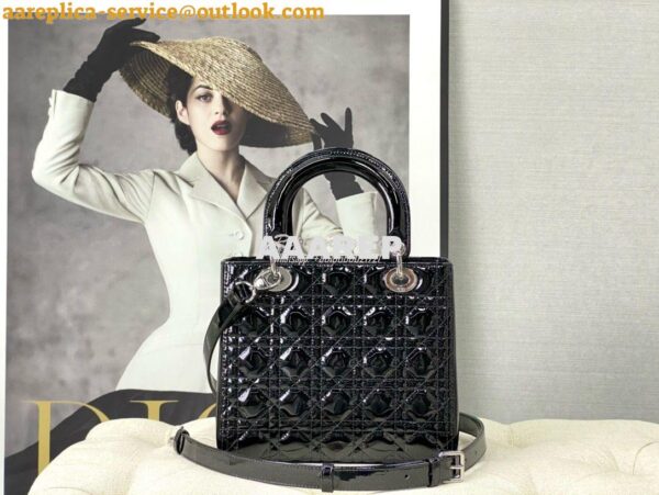 Replica Dior Small Lady Dior Bag Cannage Patent Calfskin M0531 Black w 9