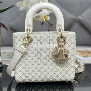 Replica Dior Small Lady Dior Latte Calfskin Embroidered with Resin Pea 2