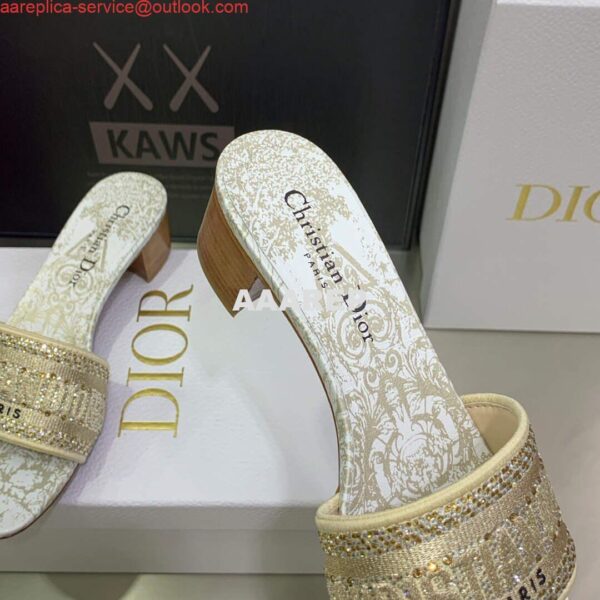 Replica Dior Women's Shoes Dway Heeled Slide Metallic Thread Strass KCQ244CHS Gold 8