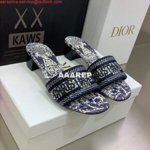 Replica Dior Women's Shoes Dway Heeled Slide Metallic Thread Strass KCQ244CHS Navy blue 2