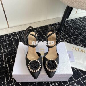 Replica Dior Rose Pump Black Grosgrain and White Resin Pearls Heel 7.5