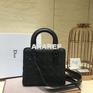 Replica Dior Supple Lady Dior Bag Black Studded In Black Calfskin