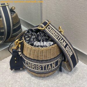 Replica Dior Wicker Bucket Bag Blue Oblique Jacquard and Natural Wicke