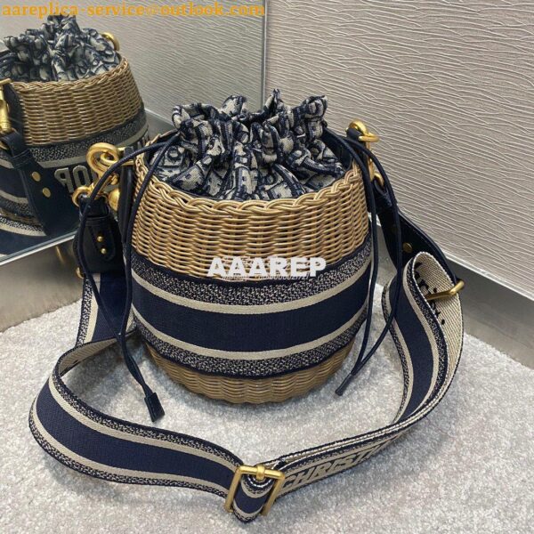 Replica Dior Wicker Bucket Bag Blue Oblique Jacquard and Natural Wicke 11