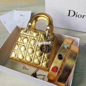 Replica My Lady Dior Bag in Gold Grained Leather with Customisable Sho 2