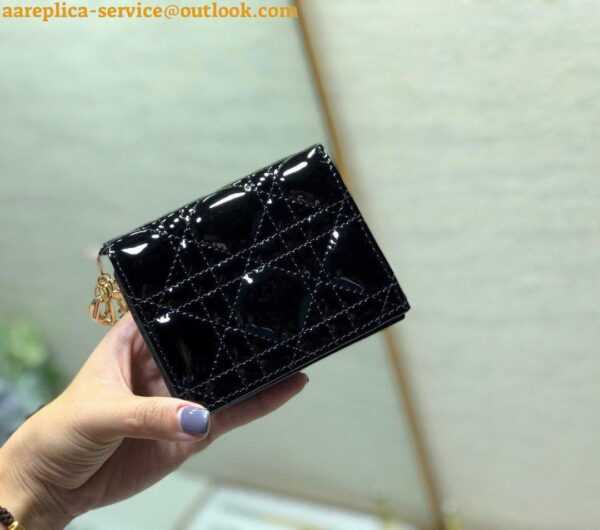 Replica Dior Mini Lady Dior Wallet In Black Patent Calfskin 3