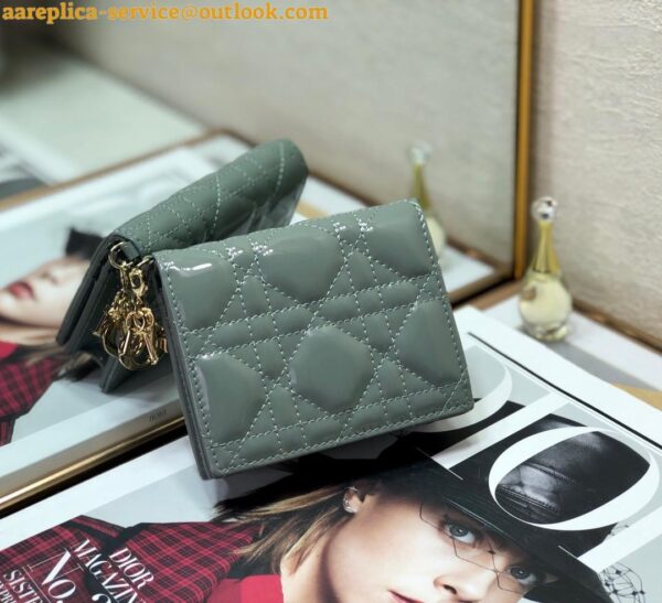 Replica Dior Mini Lady Dior Wallet In Grey Patent Calfskin 7