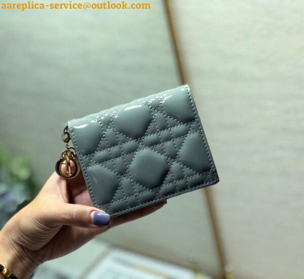 Replica Dior Mini Lady Dior Wallet In Grey Patent Calfskin 10