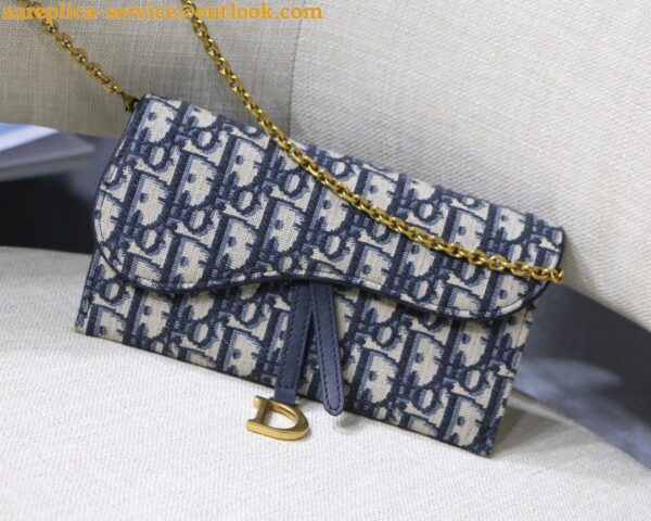 Replica Dior Saddle Chain Wallet In Blue Oblique Jacquard 6