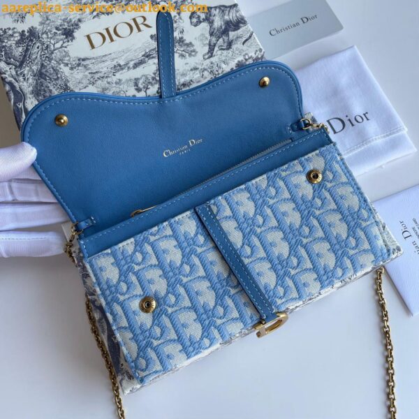 Replica Dior Saddle Chain Wallet In Light Blue Oblique Jacquard 12