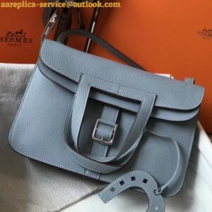 Replica Hermes Halzan 31cm Bag In Blue Lin Clemence Leather