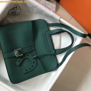 Replica Hermes Halzan 31cm Bag In Malachite Clemence Leather