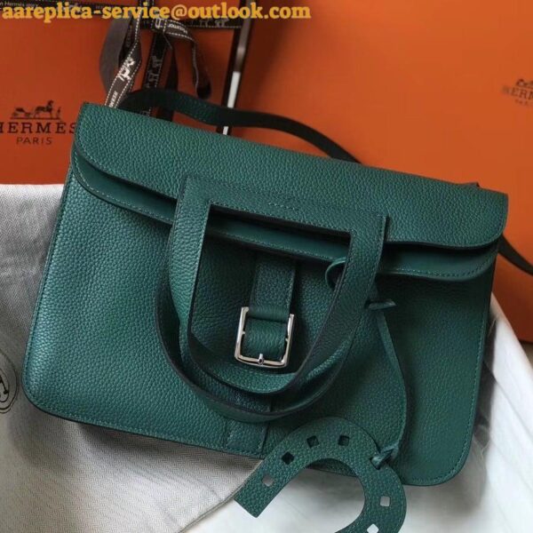 Replica Hermes Halzan 31cm Bag In Malachite Clemence Leather 11