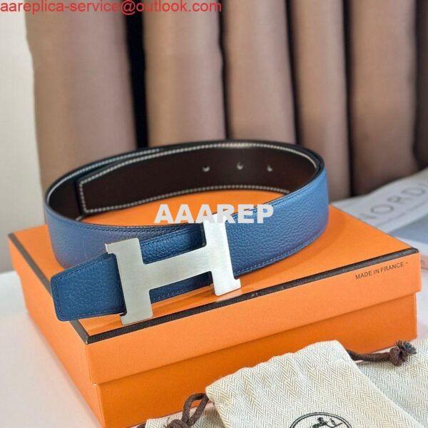 Replica Hermes Constance Reversible Belt 38MM in Blue Clemence Leather 3