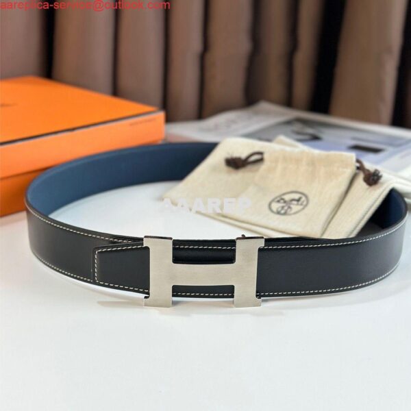 Replica Hermes Constance Reversible Belt 38MM in Blue Clemence Leather 6