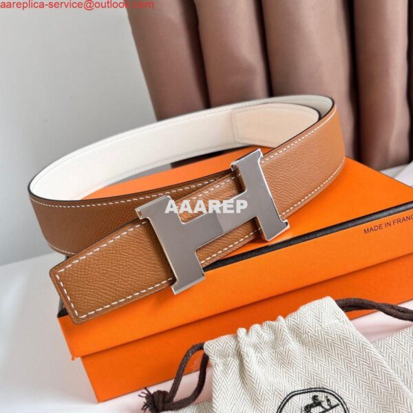 Replica Hermes Constance Reversible Belt 38MM in Gold and White Epsom Calfskin 3