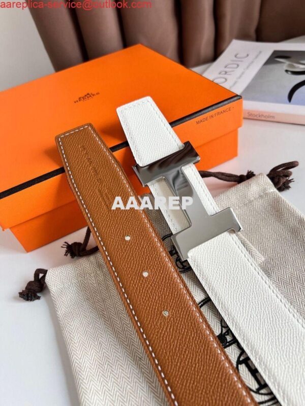 Replica Hermes Constance Reversible Belt 38MM in Gold and White Epsom Calfskin 6