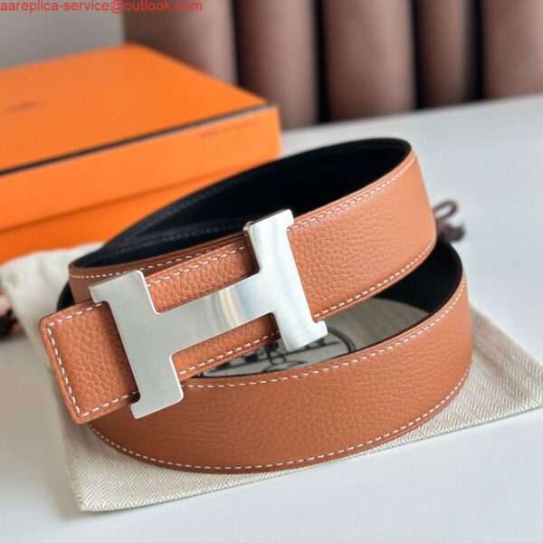 Replica Hermes Constance Reversible Belt 38MM in Gold Clemence Leather 3