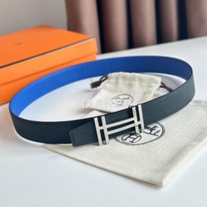 Replica Hermes H au Carre Reversible Belt 32MM in Blue and Black Epsom Leather 2