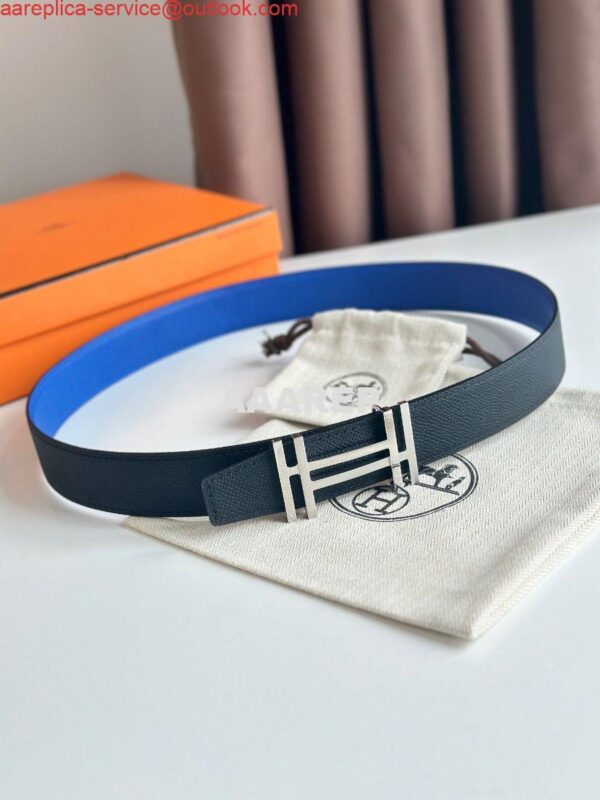 Replica Hermes H au Carre Reversible Belt 32MM in Blue and Black Epsom Leather 4