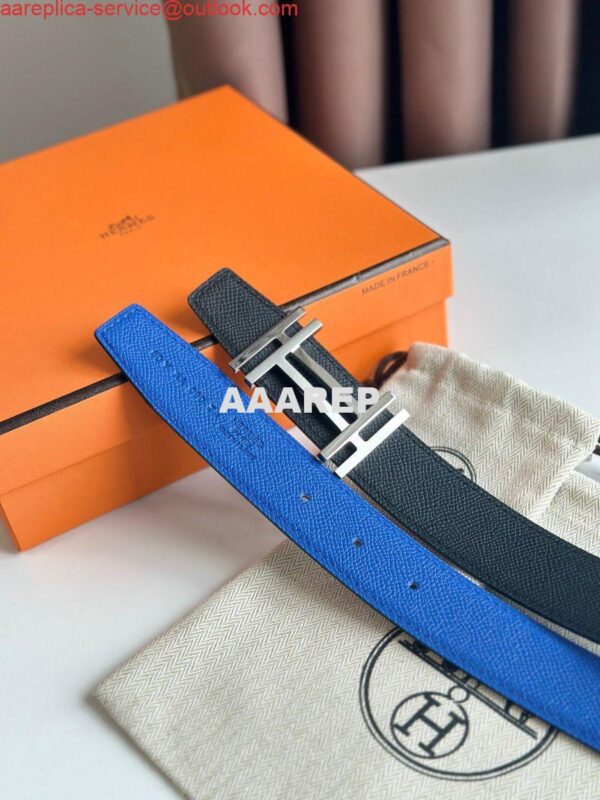 Replica Hermes H au Carre Reversible Belt 32MM in Blue and Black Epsom Leather 6