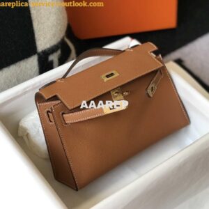 Replica Hermes Mini Kelly Pouchette H230223 Epsom Leather Brown 2