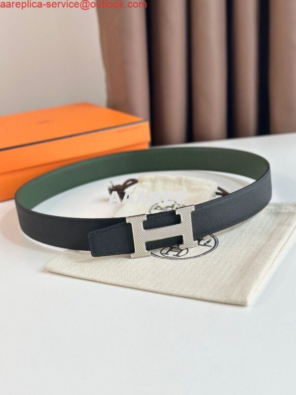 Replica Hermes H Guillochee Reversible Belt 32MM in Green and Black Epsom Calfskin 4