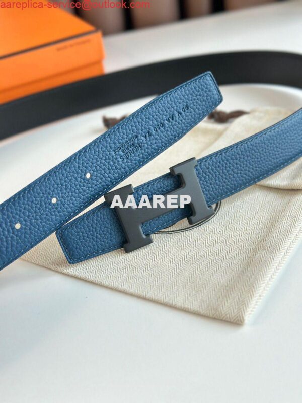 Replica Hermes H Reversible 32MM Belt with Matte Buckle in Blue Clemence Leather 5