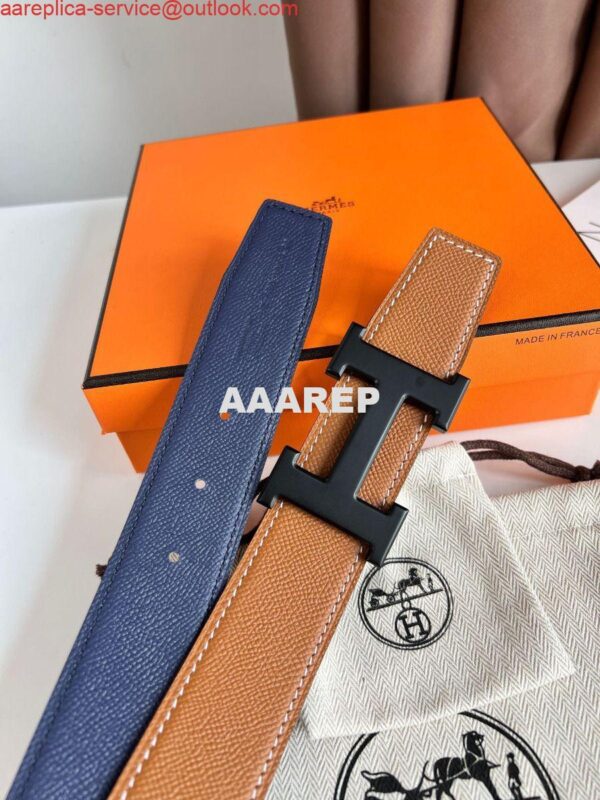 Replica Hermes H Reversible 38MM Belt with matte Buckle in Blue and Gold Epsom Leather 3