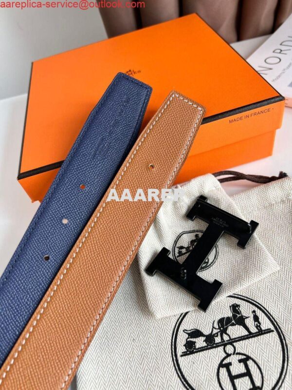 Replica Hermes H Reversible 38MM Belt with matte Buckle in Blue and Gold Epsom Leather 5