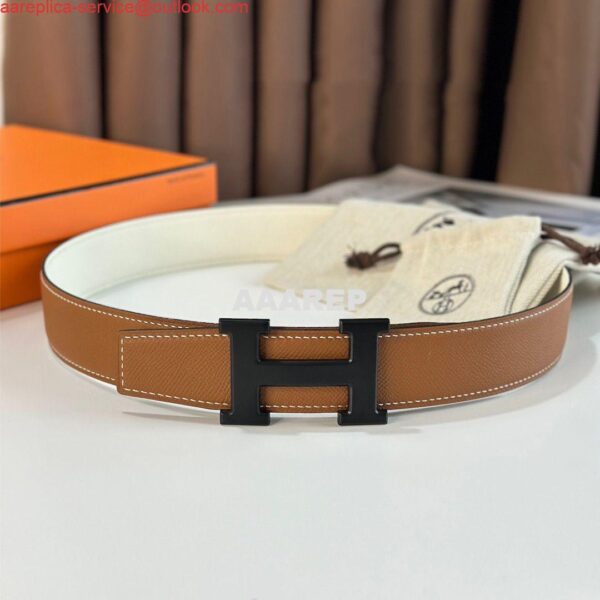 Replica Hermes H Reversible 38MM Belt with matte Buckle in White and Gold Epsom Leather 4