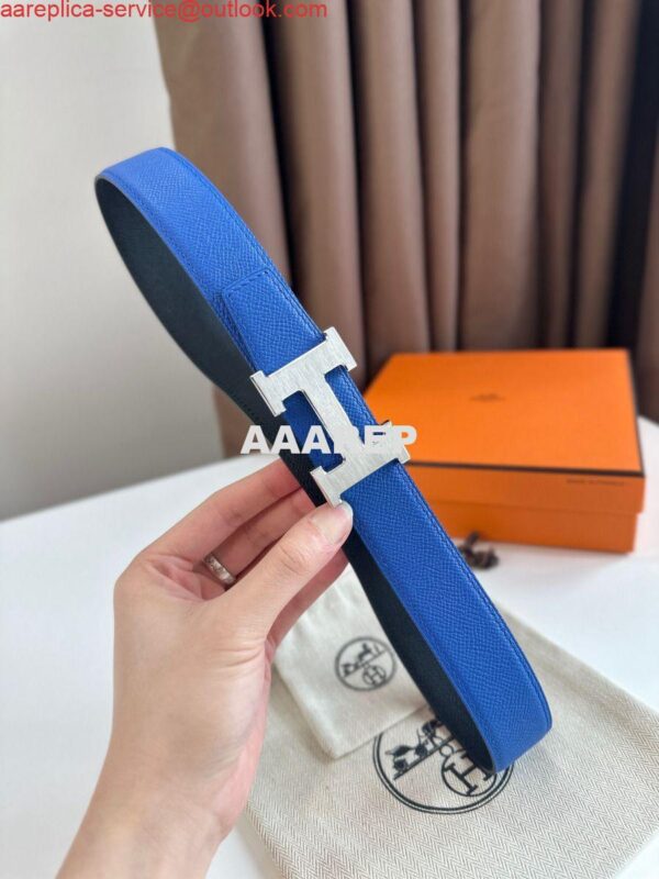 Replica Hermes H Reversible Belt 32MM in Blue and Black Epsom Leather 4