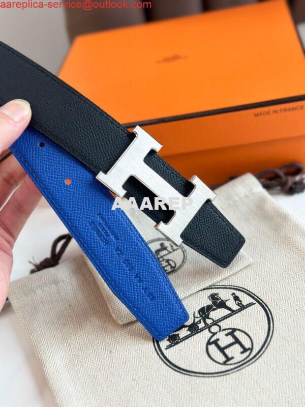 Replica Hermes H Reversible Belt 32MM in Blue and Black Epsom Leather 6