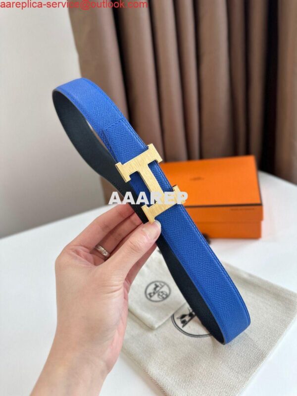 Replica Hermes H Reversible Belt 32MM in Blue and Black Epsom Leather 7