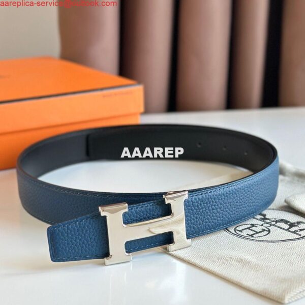 Replica Hermes H Reversible Belt 32MM in Blue Clemence Leather