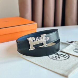 Replica Hermes H Reversible Belt 32MM in Blue Clemence Leather 2