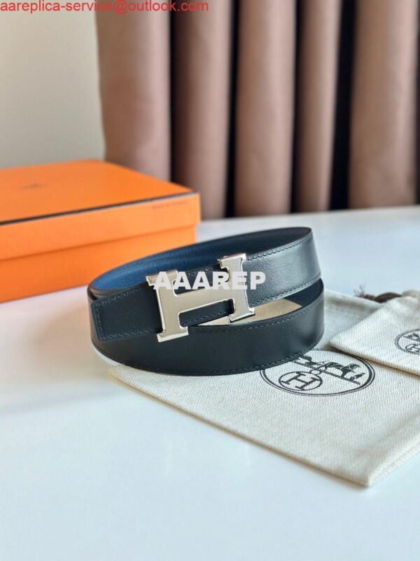 Replica Hermes H Reversible Belt 32MM in Blue Clemence Leather 2