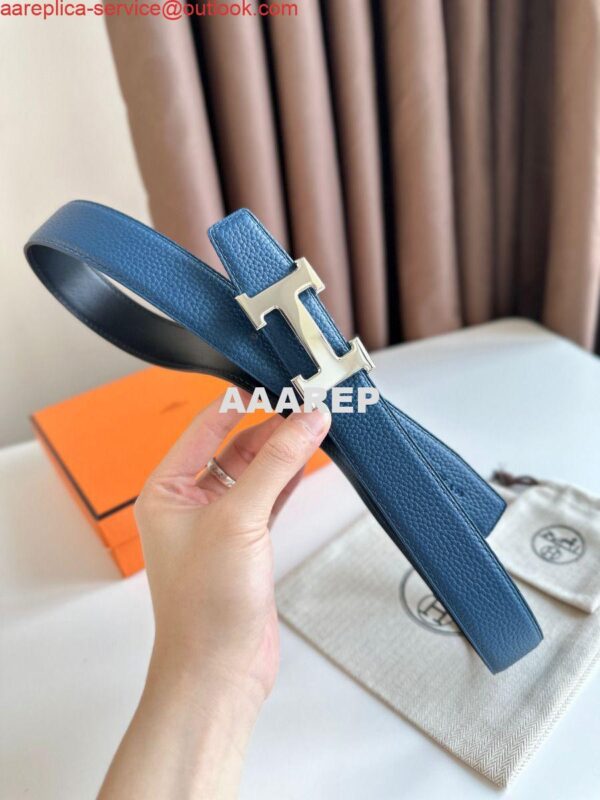 Replica Hermes H Reversible Belt 32MM in Blue Clemence Leather 3