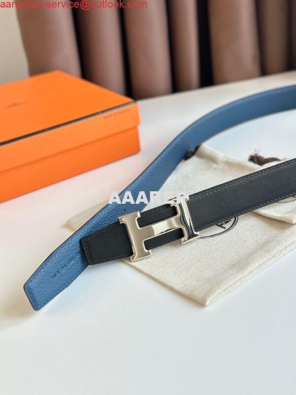 Replica Hermes H Reversible Belt 32MM in Blue Clemence Leather 4