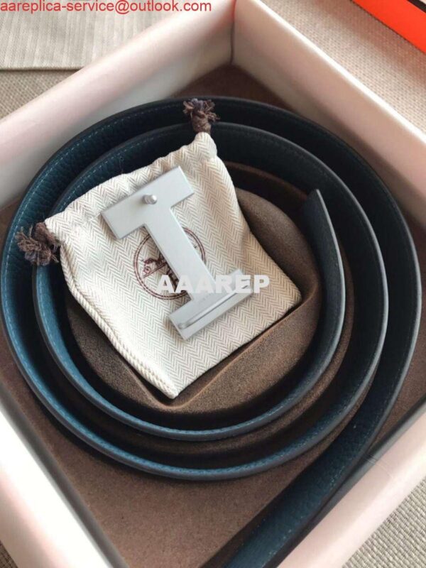 Replica Hermes Quizz 32mm Reversible Belt In Blue Clemence Leather 4