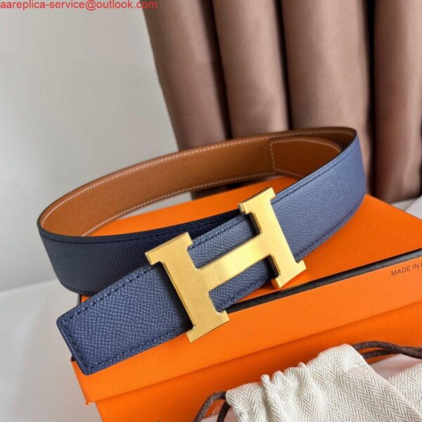 Replica Hermes H Reversible Belt 38MM in Blue and Gold Epsom Leather 3