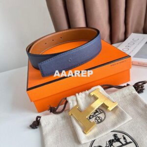 Replica Hermes H Reversible Belt 38MM in Blue and Gold Epsom Leather 2