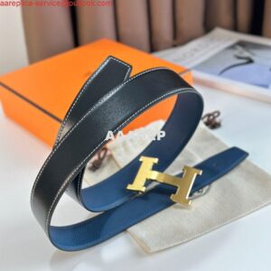 Replica Hermes H Reversible Belt 38MM in Blue Clemence Leather 2