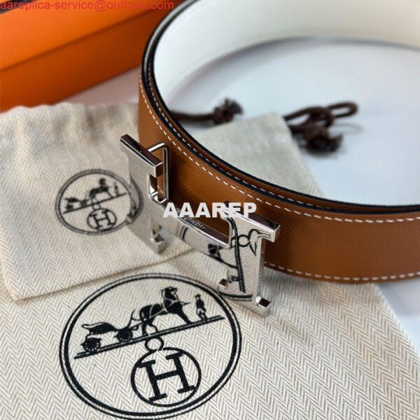 Replica Hermes H Reversible Belt 38MM in White and Gold Epsom Leather 6