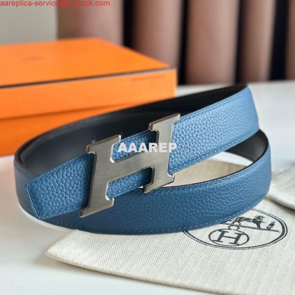 Replica Hermes H Speed Reversible Belt 32MM in Blue Jean Clemence Leather