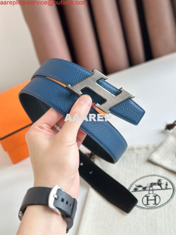 Replica Hermes H Speed Reversible Belt 32MM in Blue Jean Clemence Leather 5