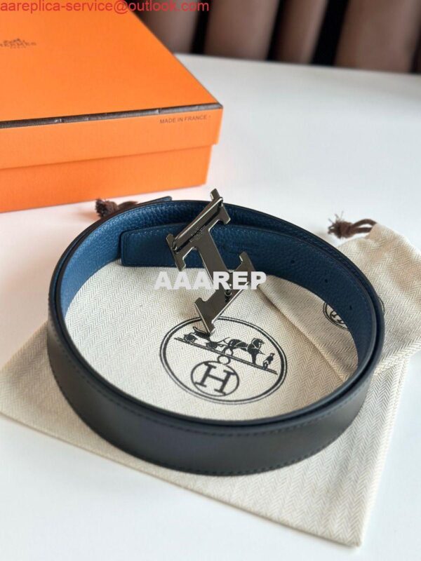 Replica Hermes H Speed Reversible Belt 32MM in Blue Jean Clemence Leather 7