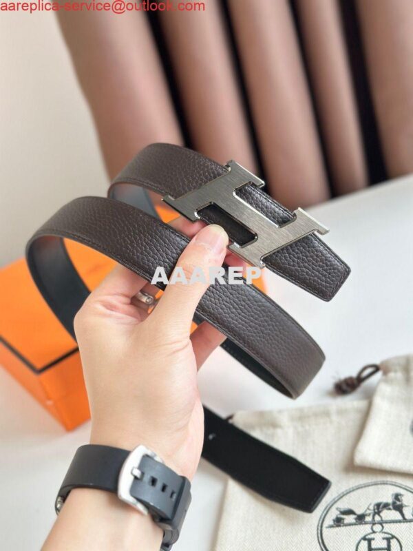 Replica Hermes H Speed Reversible Belt 32MM in Chocolate Clemence Leather 7