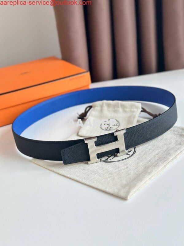 Replica Hermes H Striee Reversible Belt 32MM in Blue and Black Epsom Calfskin 4