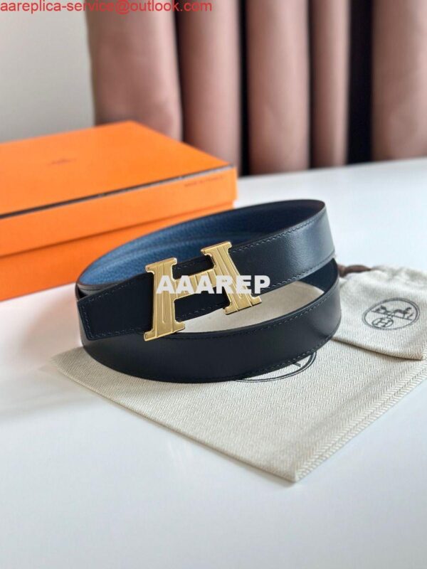 Replica Hermes H Take Off Reversible Belt 32MM in Blue Clemence Leather 4